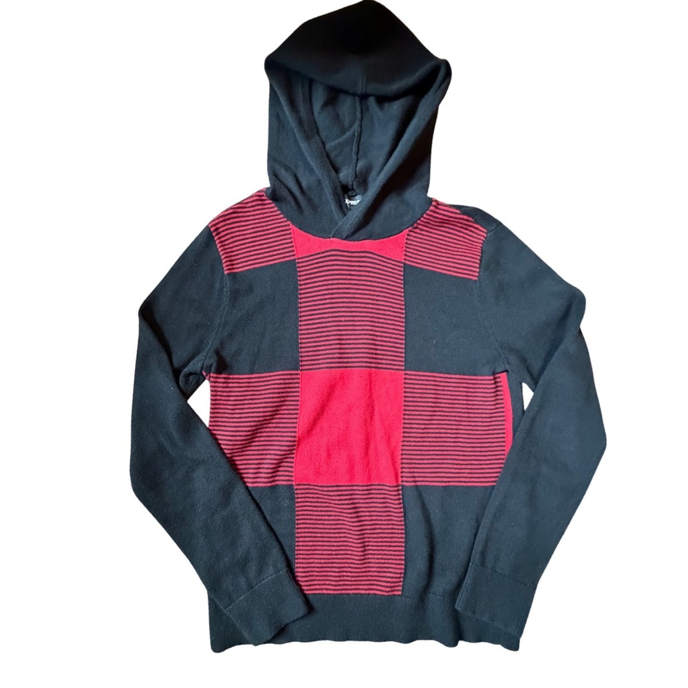 Express Mens XS Red‎ Black Colorblock Striped Hooded Knit Sweater Hoodie